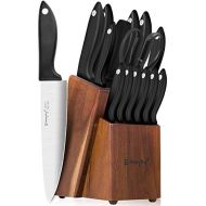 [아마존베스트]Knife Set, 15-Piece Kitchen Knife Set with Sharpener Wooden Block and Serrated Steak Knives,Emojoy Germany High Carbon Stainless Steel Knife Block Set