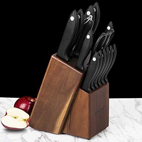  [아마존베스트]Knife Set, 15-Piece Kitchen Knife Set with Sharpener Wooden Block and Serrated Steak Knives,Emojoy Germany High Carbon Stainless Steel Knife Block Set