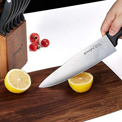  [아마존베스트]Knife Set, 15-Piece Kitchen Knife Set with Sharpener Wooden Block and Serrated Steak Knives,Emojoy Germany High Carbon Stainless Steel Knife Block Set