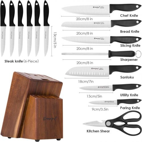  [아마존베스트]Knife Set, 15-Piece Kitchen Knife Set with Sharpener Wooden Block and Serrated Steak Knives,Emojoy Germany High Carbon Stainless Steel Knife Block Set