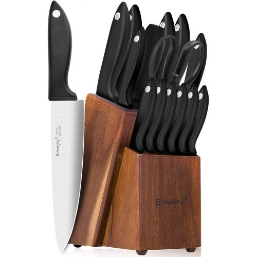  [아마존베스트]Knife Set, 15-Piece Kitchen Knife Set with Sharpener Wooden Block and Serrated Steak Knives,Emojoy Germany High Carbon Stainless Steel Knife Block Set