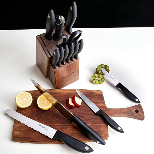  [아마존베스트]Knife Set, 15-Piece Kitchen Knife Set with Sharpener Wooden Block and Serrated Steak Knives,Emojoy Germany High Carbon Stainless Steel Knife Block Set