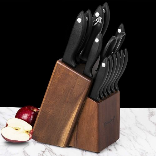  [아마존베스트]Knife Set, 15-Piece Kitchen Knife Set with Sharpener Wooden Block and Serrated Steak Knives,Emojoy Germany High Carbon Stainless Steel Knife Block Set