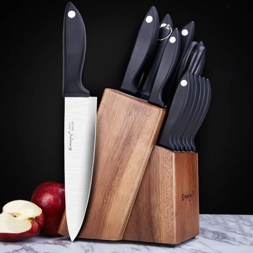  [아마존베스트]Knife Set, 15-Piece Kitchen Knife Set with Sharpener Wooden Block and Serrated Steak Knives,Emojoy Germany High Carbon Stainless Steel Knife Block Set