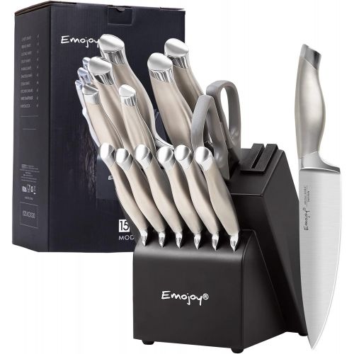  [아마존베스트]Emojoy Knife Set, 15 Pieces Kitchen Knife Set with Block Wooden, Chef Knife Set with Built-in Sharpener, German Stainless Steel Hollow Handle Knives Grey