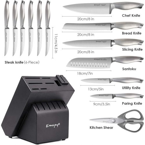  [아마존베스트]Emojoy Knife Set, 15 Pieces Kitchen Knife Set with Block Wooden, Chef Knife Set with Built-in Sharpener, German Stainless Steel Hollow Handle Knives Grey