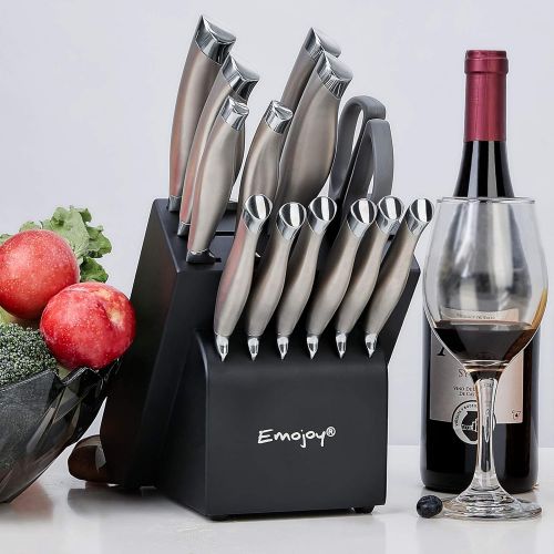  [아마존베스트]Emojoy Knife Set, 15 Pieces Kitchen Knife Set with Block Wooden, Chef Knife Set with Built-in Sharpener, German Stainless Steel Hollow Handle Knives Grey