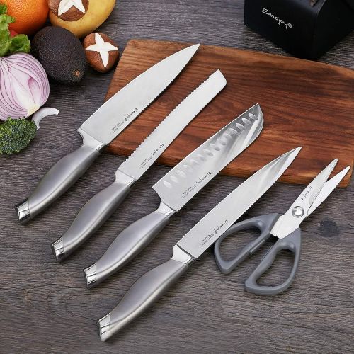  [아마존베스트]Emojoy Knife Set, 15 Pieces Kitchen Knife Set with Block Wooden, Chef Knife Set with Built-in Sharpener, German Stainless Steel Hollow Handle Knives Grey