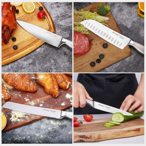  [아마존베스트]Emojoy Knife Set, 15 Pieces Kitchen Knife Set with Block Wooden, Chef Knife Set with Built-in Sharpener, German Stainless Steel Hollow Handle Knives Grey