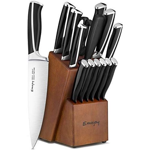  [아마존베스트]Emojoy Knife Set, 15-Piece Kitchen Knife Set with Block Wooden, Black Handle for Chef Knife Set, German Stainless Steel Cutlery Knife set