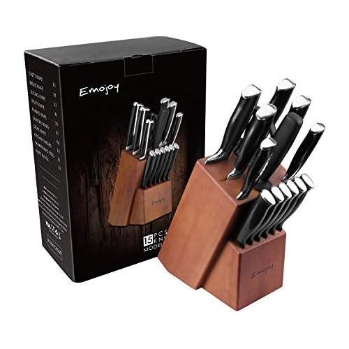  [아마존베스트]Emojoy Knife Set, 15-Piece Kitchen Knife Set with Block Wooden, Black Handle for Chef Knife Set, German Stainless Steel Cutlery Knife set