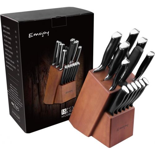  [아마존베스트]Emojoy Knife Set, 15-Piece Kitchen Knife Set with Block Wooden, Black Handle for Chef Knife Set, German Stainless Steel Cutlery Knife set