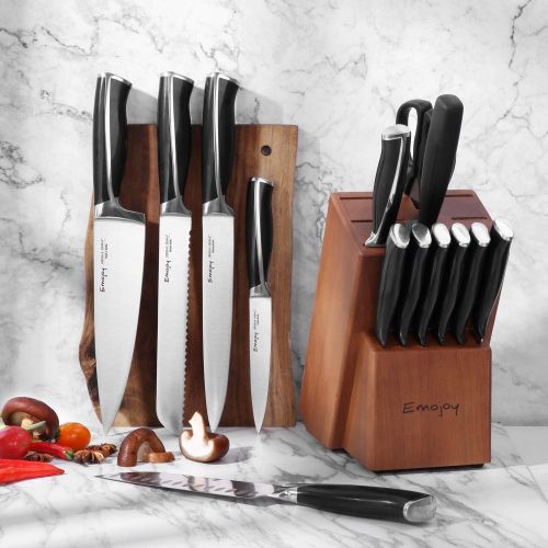  [아마존베스트]Emojoy Knife Set, 15-Piece Kitchen Knife Set with Block Wooden, Black Handle for Chef Knife Set, German Stainless Steel Cutlery Knife set
