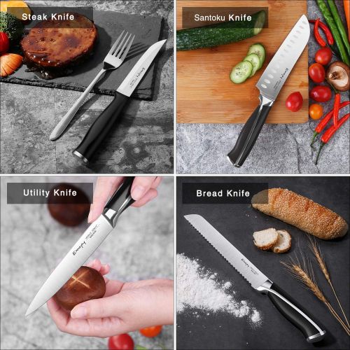  [아마존베스트]Emojoy Knife Set, 15-Piece Kitchen Knife Set with Block Wooden, Black Handle for Chef Knife Set, German Stainless Steel Cutlery Knife set