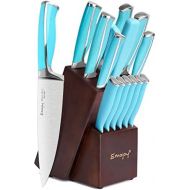 [아마존베스트]Emojoy Knife block knife set, 15 piece kitchen knife set with wooden block, blue handle for the chefs knife set, perfect cutlery set made of German stainless steel, blue.