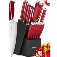 Emojoy Knife Set, 15-Piece Kitchen Knife Set with Block, ABS Handle for Chef Knife Set, German Stainless Steel, Emojoy (Red).