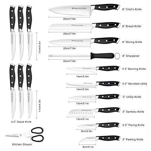  Emojoy Knife Set, 18-Piece Kitchen Knife Set with Block Wooden, Manual Sharpening for Chef Knife Set, German Stainless Steel