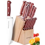 Emojoy Knife Set, 15-Piece Kitchen Knife Set with Block Wooden, Manual Sharpening for Chef Knife Set, German Stainless Steel