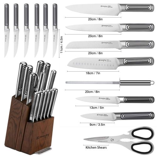  Emojoy Knife Set, 15-Piece Kitchen Knife Set with Block, Stainless Steel Hollow Handle for Chef Knife Set, German Stainless Steel, Emojoy (Steel)