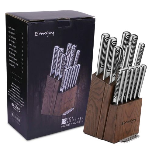  Emojoy Knife Set, 15-Piece Kitchen Knife Set with Block, Stainless Steel Hollow Handle for Chef Knife Set, German Stainless Steel, Emojoy (Steel)