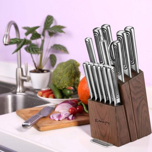  Emojoy Knife Set, 15-Piece Kitchen Knife Set with Block, Stainless Steel Hollow Handle for Chef Knife Set, German Stainless Steel, Emojoy (Steel)