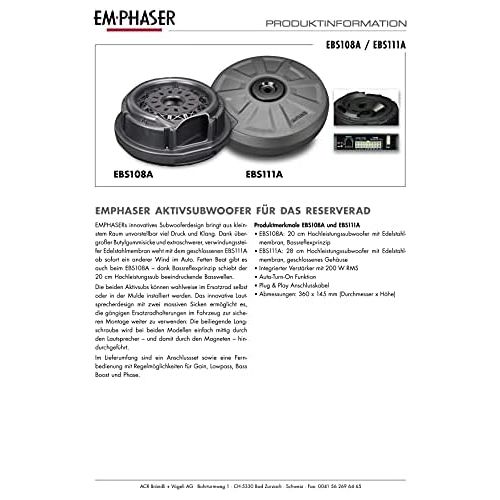  EMPHASER EBS111A Powerful 28 cm Active Subwoofer for Installation in Spare Wheel Trough/Rim Car Bass Box with 200 Watt Amplifier Closed Housing
