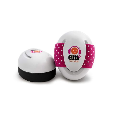  Ems for Kids BABY Earmuffs - White with Pink/White. The original baby earmuffs, now made in the U.S.A! Great for concerts, music festivals, planes, NASCAR, motor racing, power tool