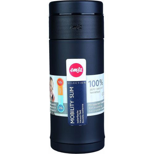  Emsa 515282 Tee Isolierbecher Mobility Slim, 0,42 Liter, 100 % dicht, 12 Stunden heiss und 24 kalt, integrierter Teefilter, schwarz