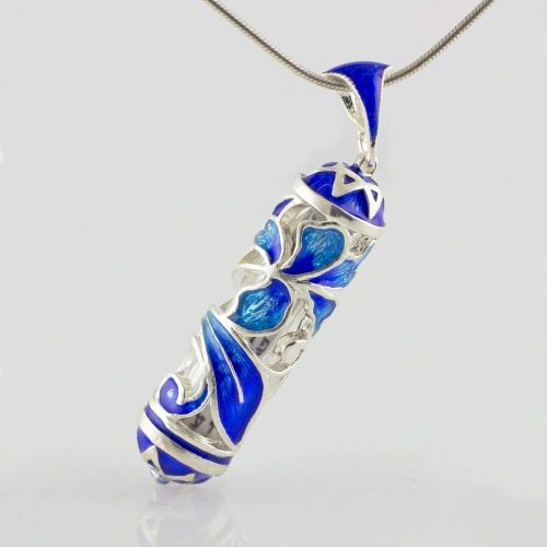  Enamel Jewelry Boutique Jewelry Mezuzah Necklace, Blue Iris Judaica Jewish Necklace w Stars of David, Sterling Silver Enamel Pendant w Shemah Jewish Gifts, Birthday Gift for Women, Bat Mitzvah Gift