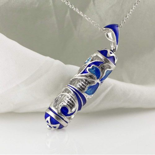  Enamel Jewelry Boutique Jewelry Mezuzah Necklace, Blue Iris Judaica Jewish Necklace w Stars of David, Sterling Silver Enamel Pendant w Shemah Jewish Gifts, Birthday Gift for Women, Bat Mitzvah Gift