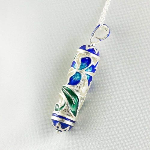  Enamel Jewelry Boutique Jewelry Mezuzah Necklace, Blue Iris Judaica Jewish Necklace w Stars of David, Sterling Silver Enamel Pendant w Shemah Jewish Gifts, Birthday Gift for Women, Bat Mitzvah Gift