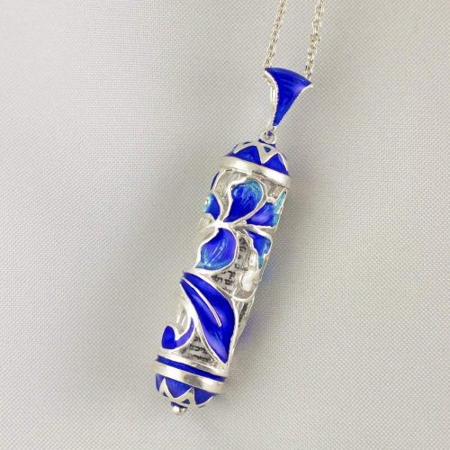  Enamel Jewelry Boutique Jewelry Mezuzah Necklace, Blue Iris Judaica Jewish Necklace w Stars of David, Sterling Silver Enamel Pendant w Shemah Jewish Gifts, Birthday Gift for Women, Bat Mitzvah Gift