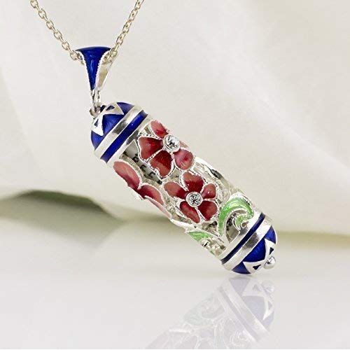  Enamel Jewelry Boutique Judaica Jewelry Pendant Mezuzah Necklace Solid Sterling Silver Enameled Pendant Red Bouquet Blue Stars of David Bat Mitzvah Gift Jewish Gifts
