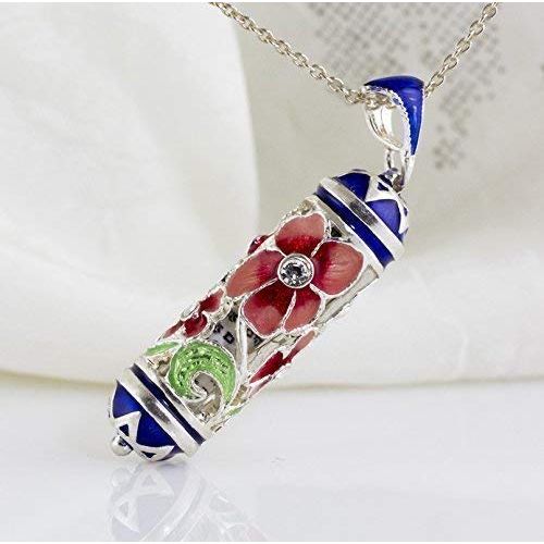  Enamel Jewelry Boutique Judaica Jewelry Pendant Mezuzah Necklace Solid Sterling Silver Enameled Pendant Red Bouquet Blue Stars of David Bat Mitzvah Gift Jewish Gifts