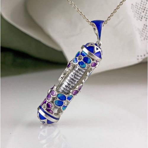  Enamel Jewelry Boutique Mezuzah Necklace Purple Blue Flower Field, Judaica Jewelry for Women, Jewish Pendant Sterling Silver Jewelry Bat Mitzvah Gift for Girl, Enameled Necklace w Hebrew Scroll