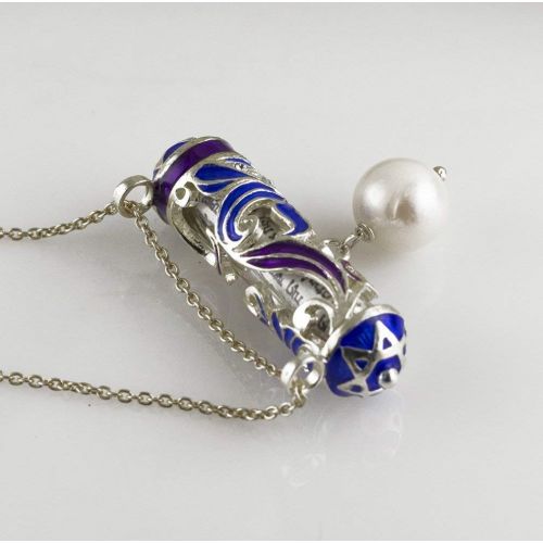  Enamel Jewelry Boutique Judaica Mezuzah Necklace for Women Sterling Silver Pendant w Hebrew Prayer Mystic Flower w Stars of David Horizontal Jewish Pendant w Pearl, Blue Purple Enamel Kabbalah Jewelry, Ba