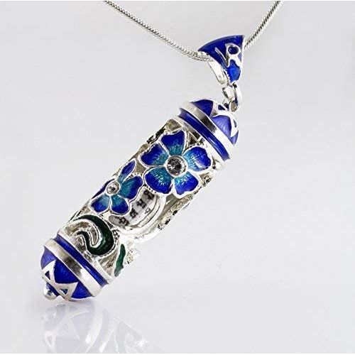  Enamel Jewelry Boutique Mezuzah Necklace, Jewish Jewelry for Women, Judaica Pendant Blue Bouquet w Prayer Sterling Silver Enamel Jewelry Bat Mitzvah Jewish Gift For Her