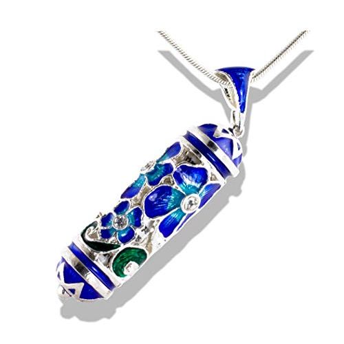  Enamel Jewelry Boutique Mezuzah Necklace, Jewish Jewelry for Women, Judaica Pendant Blue Bouquet w Prayer Sterling Silver Enamel Jewelry Bat Mitzvah Jewish Gift For Her