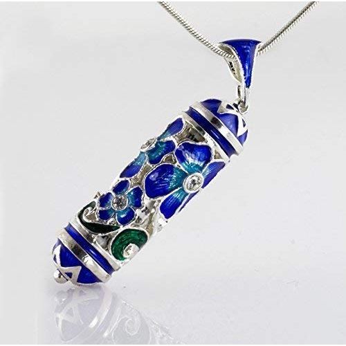  Enamel Jewelry Boutique Mezuzah Necklace, Jewish Jewelry for Women, Judaica Pendant Blue Bouquet w Prayer Sterling Silver Enamel Jewelry Bat Mitzvah Jewish Gift For Her