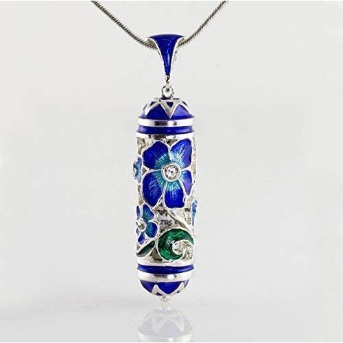  Enamel Jewelry Boutique Mezuzah Necklace, Jewish Jewelry for Women, Judaica Pendant Blue Bouquet w Prayer Sterling Silver Enamel Jewelry Bat Mitzvah Jewish Gift For Her