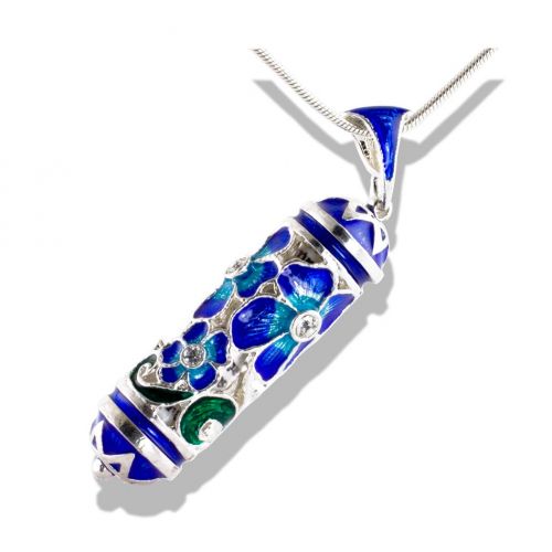  Enamel Jewelry Boutique Mezuzah Necklace, Jewish Jewelry for Women, Judaica Pendant Blue Bouquet w Prayer Sterling Silver Enamel Jewelry Bat Mitzvah Jewish Gift For Her