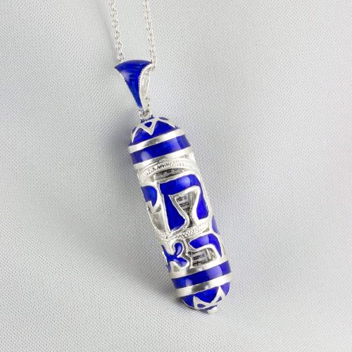  Enamel Jewelry Boutique Mezuzah Necklace, Sterling Silver Blue Enamel Jewelry Pendant Am Ysrael Chai w Shemah, Birthday Bar Mitzvah Jewish Gift Hebrew Necklace Judaica Jewelry for Men