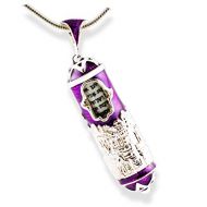 Enamel Jewelry Boutique Mezuzah Necklace Jerusalem w Hamsa, Enameled Purple Pendant w Scroll, Jewish Jewelry For Women, Bat Mitzvah Girl Gift, Judaica Protective Pendant w Prayer, Jewish Faith Gift