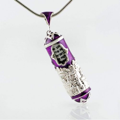  Enamel Jewelry Boutique Mezuzah Necklace Jerusalem w Hamsa, Enameled Purple Pendant w Scroll, Jewish Jewelry For Women, Bat Mitzvah Girl Gift, Judaica Protective Pendant w Prayer, Jewish Faith Gift