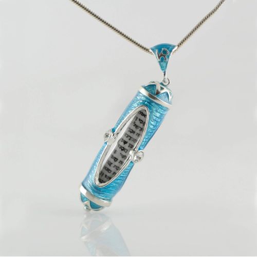  Enamel Jewelry Boutique Mezuzah Necklace Oval Windows w Crystals Sky Blue Judaica Pendant w Hebrew Prayer Turquoise Enamel Sterling Silver Jewish Jewelry for Women, Gifts for Girls, Bat Mitzvah Jewelry Gi