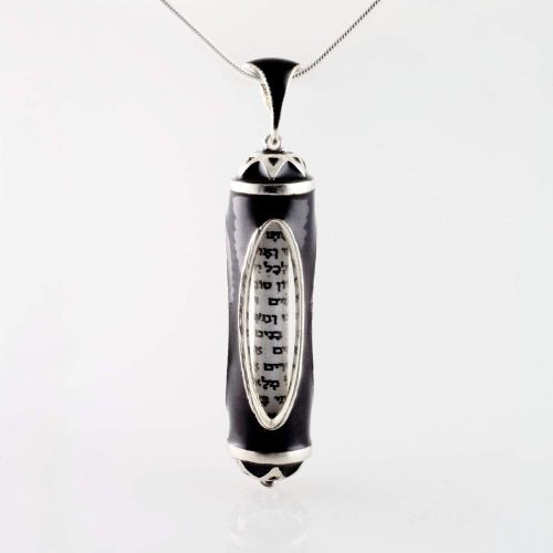  Enamel Jewelry Boutique Mezuzah Necklace Judaica Black Pendant for MenWomen Jewish Jewelry Shemah Prayer Charm Oval Windows Enamel Sterling Silver Jewish Gift