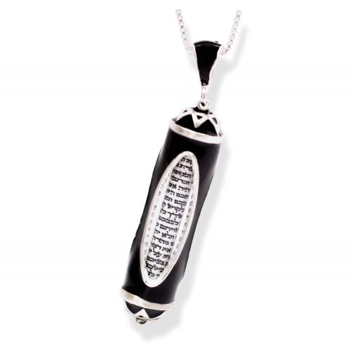  Enamel Jewelry Boutique Mezuzah Necklace Judaica Black Pendant for MenWomen Jewish Jewelry Shemah Prayer Charm Oval Windows Enamel Sterling Silver Jewish Gift