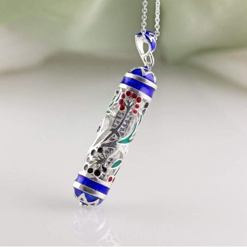  Enamel Jewelry Boutique Dandellion Mezuzah Necklace Red and Black Flowers Jewish Jewelry for Women Bat Mitzvah Enameled Pendant w Shemah Hebrew Prayer Sterling Silver Judaica Gift