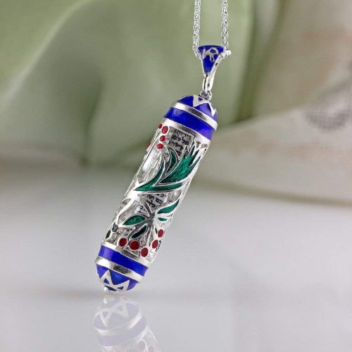  Enamel Jewelry Boutique Dandellion Mezuzah Necklace Red and Black Flowers Jewish Jewelry for Women Bat Mitzvah Enameled Pendant w Shemah Hebrew Prayer Sterling Silver Judaica Gift