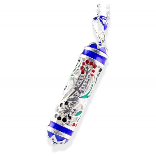  Enamel Jewelry Boutique Dandellion Mezuzah Necklace Red and Black Flowers Jewish Jewelry for Women Bat Mitzvah Enameled Pendant w Shemah Hebrew Prayer Sterling Silver Judaica Gift